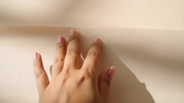 A hand gently touches a sunlit surface, casting soft shadows that shift subtly across eight seconds, evoking calm and quiet intimacy in natural light.