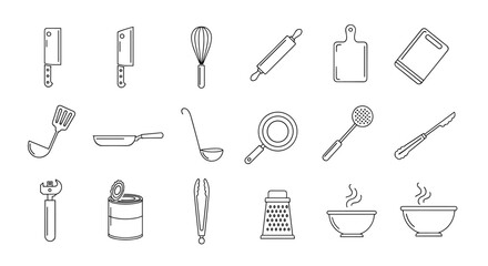 Collection of kitchen utensils and cooking tools in a simple line art style