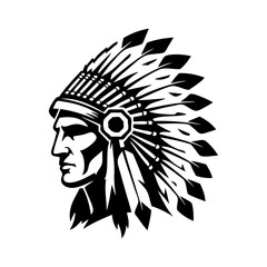 Logo jefe indio americano con tocado de guerra. Icono con cabeza de guerrero indio con tocado tradicional de plumas, de perfil  © teracreonte
