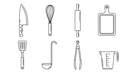 Collection of essential kitchen utensils and tools depicted in a clean line art style