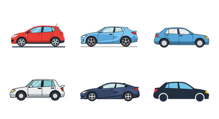 Collection of six different car models in various colors, shown from the side