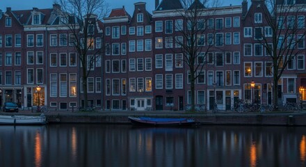 Serene canal scene at dusk with historic buildings and calm water