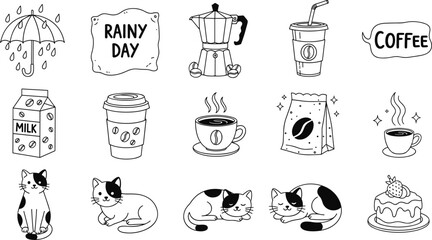 Coffee, Cats, and Rainy Day Illustration Collection Featuring Cups, Cats, and Cozy Vibes for Beverage and Pet Lovers Designs