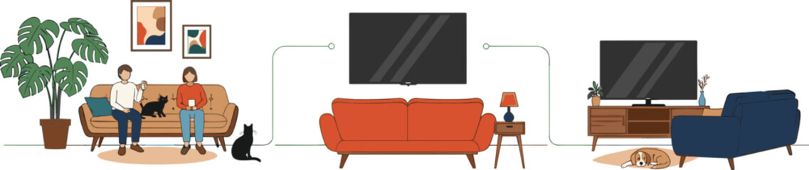 Naklejka na ściany i meble Cozy Living Room Layout with Family, Pets, and Comfortable Furniture for Home Decor and Family Living Designs