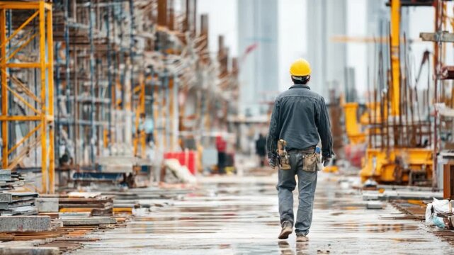 Construction worker at work: A construction worker walks through an active construction site, surrounded by scaffolding and building materials, showcasing the dedication of labor and progress.