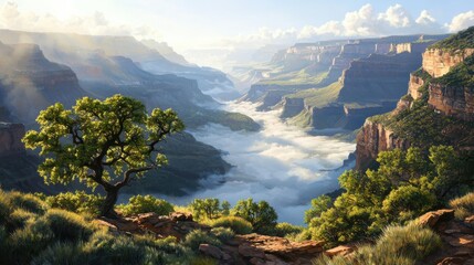 Fototapeta premium Misty Grand Canyon Landscape with a Lone Tree and Sunbeams Breaking Through Clouds