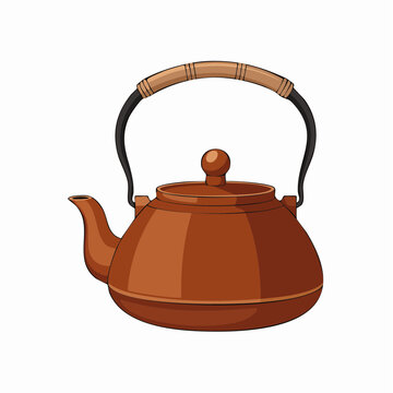 An illustration of a traditional copper kettle with a wooden handle, viewed from the front, on a simple white background, showcasing its distinctive design and craftsmanship.