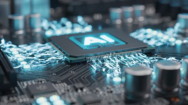 Close-up view of a glowing AI processor chip on a detailed circuit board, surrounded by cybernetic blue lights and intricate wiring