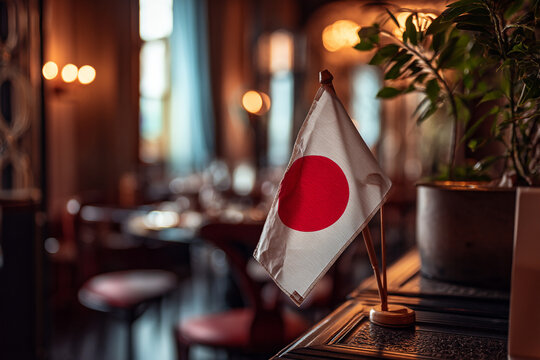 A small Japanese flag displayed in a cozy restaurant setting.