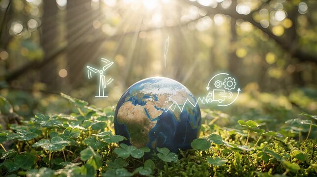 Earth Globe on Green Clover Patch With Digital White Icons in Forest Sunlight