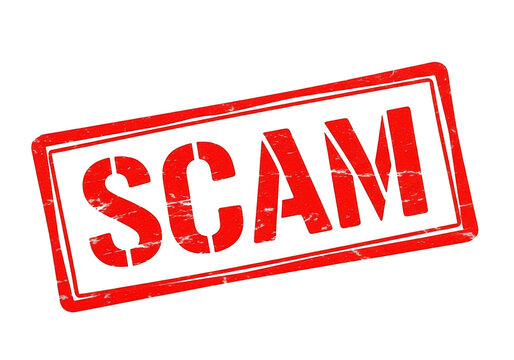 Red scam stamp with grunge texture, isolated on transparent background