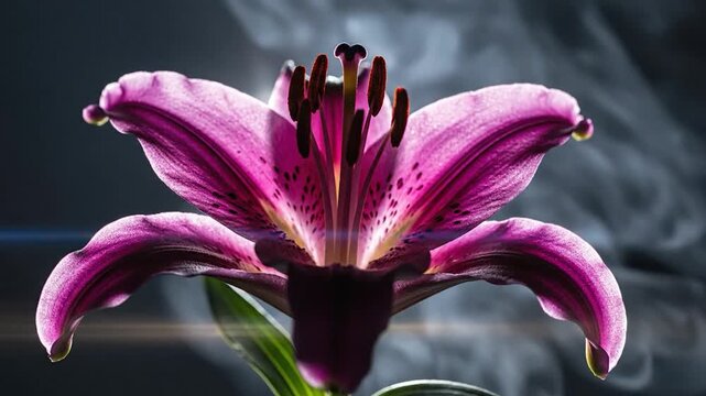 Vibrant purple lily flower close up with dramatic backlighting and artistic smoke effect