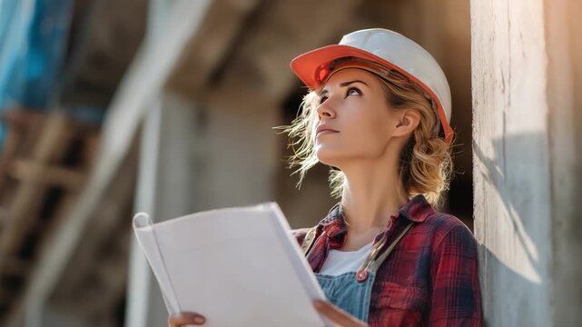 Building Dreams: A female architect, holding blueprints, gazes upwards, envisioning the realization of her design amidst a construction site, filled with natural light.