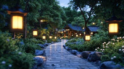Serene Japanese garden path at dusk, illuminated by traditional lanterns, peaceful, tranquil, evening ambiance