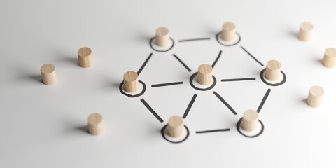 Obraz premium Abstract concept of social network or team concept from wooden ojects on white background with network structure, selective focus