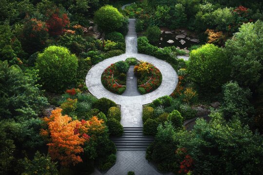 Aerial View of a Lush, Circular Garden Path with Colorful Autumn Foliage and Water Feature