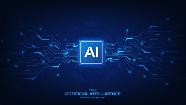 Concept of artificial intelligence and smart network digital technology. AI chip with circuit lines on futuristic background. Computer processor chip. Quantum and innovation tech. Vector illustration.
