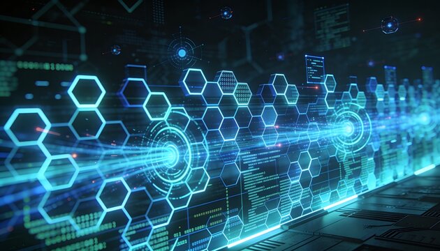 Futuristic Floating Firewall Wall of Code Network Intrusion Prevention Digital Barrier Defense System Cyber Threat Blocking Technology Dark Blue