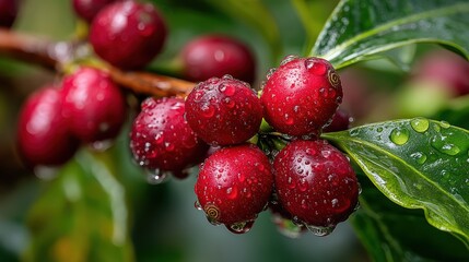 Obraz premium Lush Ripe Red Coffee Cherries with Fresh Raindrops on Coffee Tree