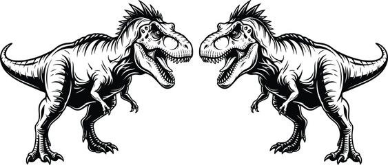 Set of two black and white Tyrannosaurus Rex dinosaur illustrations with aggressive expressions and open mouths isolated on white background, © Lija