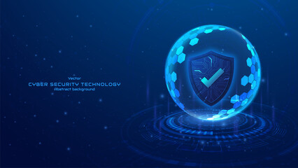 Concept of cybersecurity. Protection shield symbol inside a transparent sphere shield with a hexagon pattern on digital glowing background. Personal data protection and phishing. vector illustration. © S and V Design