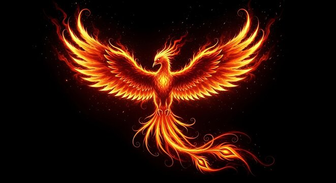 Fiery phoenix rising against dark background symbolizing rebirth