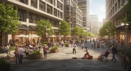 A vibrant urban plaza surrounded by modern buildings and bustling with people