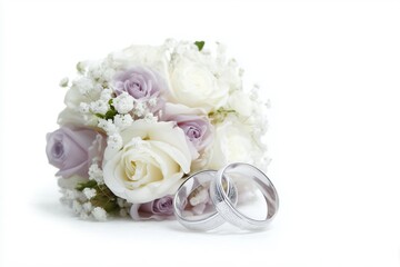Pair of silver wedding rings with bridal flower bouquet isolated on white background