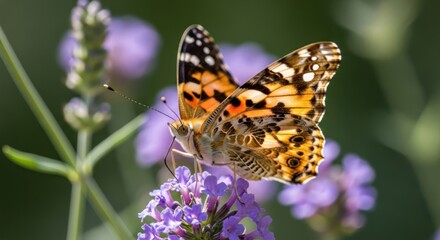Obraz premium Painted Lady Butterfly on Purple Flower, Close-up Macro Shot, Delicate Wings