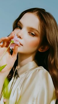 Dreamy Young Woman with Natural Makeup Posing with Pink Flower, Ethereal Beauty Portrait of Female Model in Silk Shirt under Blue Sky