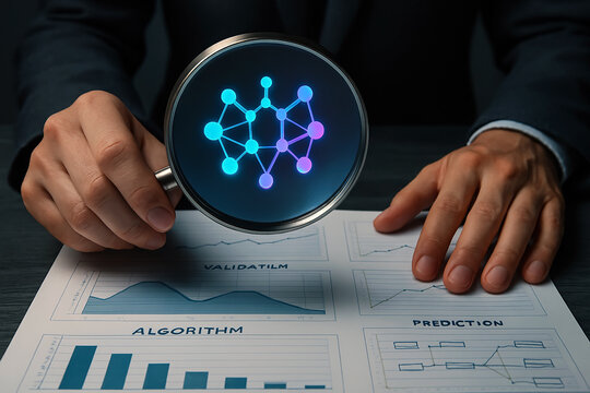 Machine learning and predictive analytics concept. Business background with magnifying glass highlighting neural network over charts labeled algorithm and prediction symbolizing AI