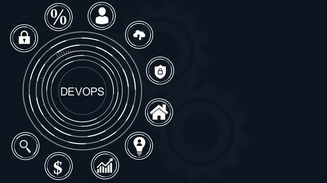 Dev Ops concept with icons and dot on dark background DevOps development, abstract circles and gears background.4k Animation.
