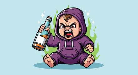 Angry Baby Holding Alcohol Bottle Cartoon Illustration.