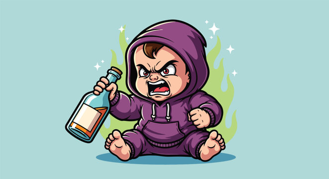 Angry Baby Holding Alcohol Bottle Cartoon Illustration 1.