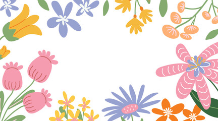 Flower frame vector background. Colorful spring wildflowers and garden floral elements for wedding invitations, greeting cards, and nursery decor. Simple hand-drawn botanical border for text © Iryna