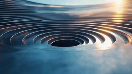 Obraz premium Abstract metallic ripples forming a concentric circular pattern with a dark center and light reflections