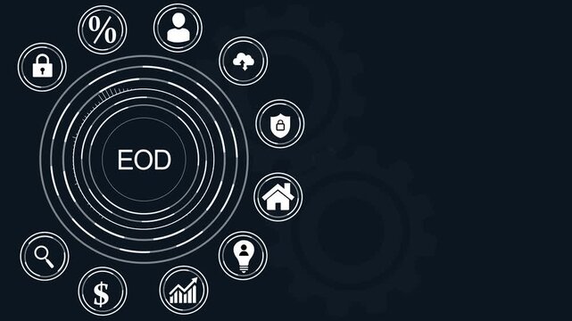 Digital EOD concept with dot network and business icons on dark background .closing bell, business, growth abstract circles and gears background.4k Animation.