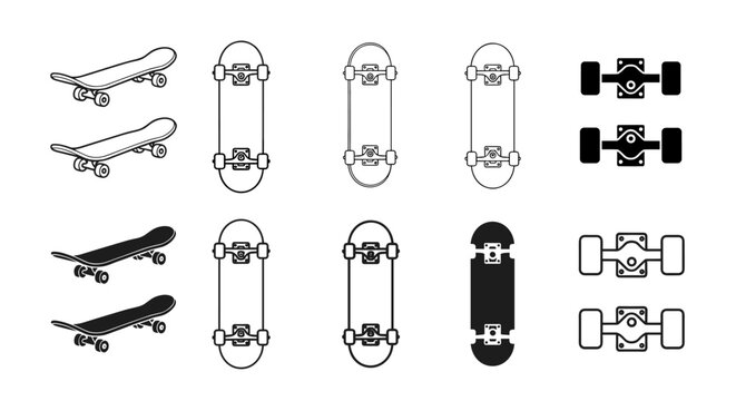 Collection of skateboard illustrations and components in various styles and perspectives