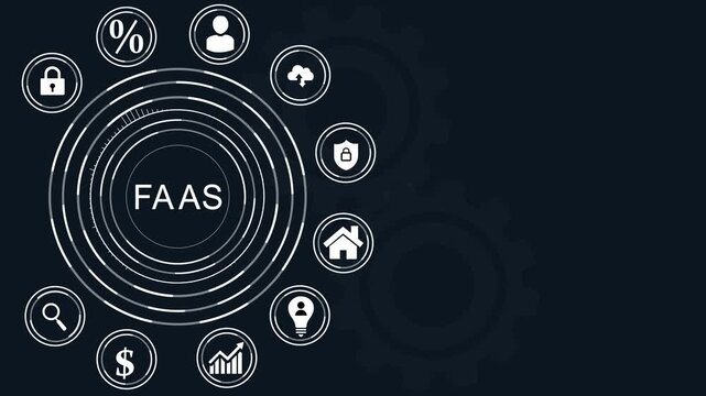 Faa S concept diagram with icons representing business growth and technology on a digital dot background, abstract circles and gears background.4k Animation.