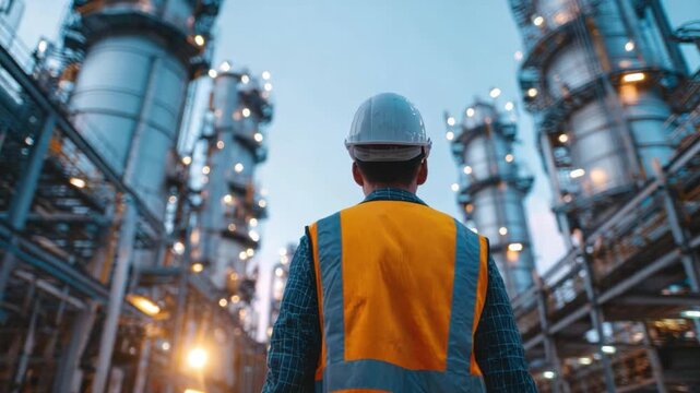 Guardian of Industry: A determined engineer, clad in safety gear, surveys the sprawling industrial landscape, embodying expertise and diligence amidst the towering structures and complex machinery.