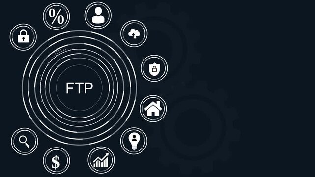FTP concept diagram with icons representing data transfer and business on a digital dot background,  background.4k Animation.