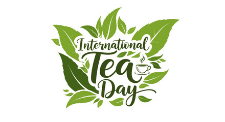 Obraz premium International Tea Day celebration with green leaves and tea elements.