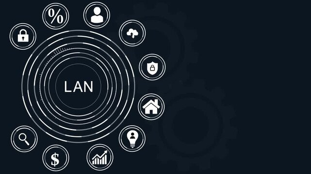 LAN network concept with dot and business icons in blue digital style Local Area Network technology,  background.4k Animation.
