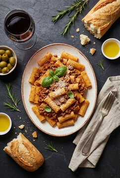 Pasta bolognese with meat sauce and basil on a white plate. Served with red wine, bread and olives on a dark table background. Top view.