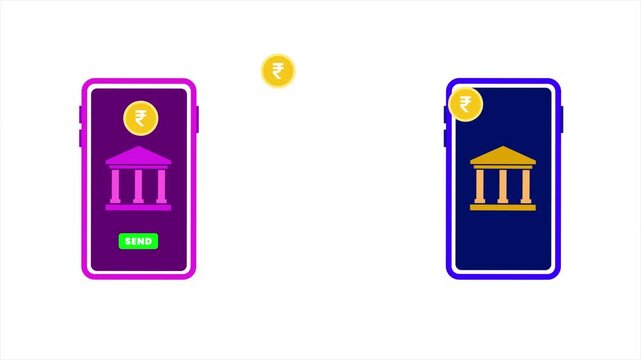Online digital payment transfer from bank to bank animation on white background, Rupee transfer bank to bank, indian Currncy moving from one bank to another bank with successful message
