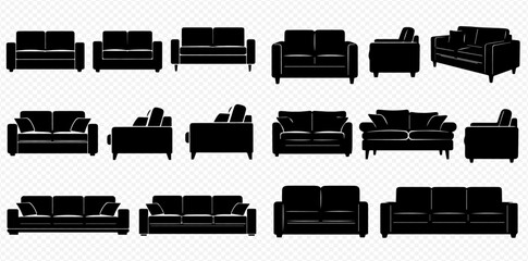 Set of black sofa silhouettes, various angles and designs for living room furniture.