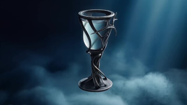 Mysterious Hourglass with Dark Metallic Frame and Cloudy Background.