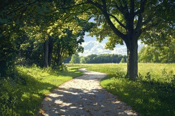 Obraz premium Winding path through a sun-dappled forest with lush green trees and a clear blue sky.