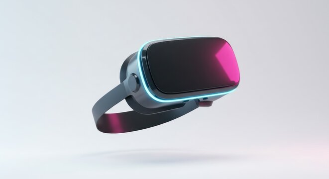 A futuristic virtual reality headset floats in mid-air with vibrant pink and blue lights on a clean white background