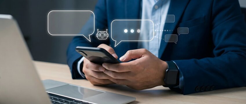 A person interacts with a smartphone showing a chatbot icon and empty chat bubbles for communication.